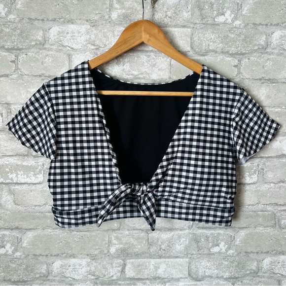 CocoShip Womens 14 Retro Ruched Ruffle Tie Knot Front Top in Gingham Black White - Picture 3 of 9